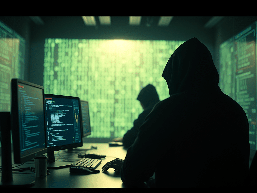 Des cybercriminels devant des ordinateurs sur un fond vert de données digitales