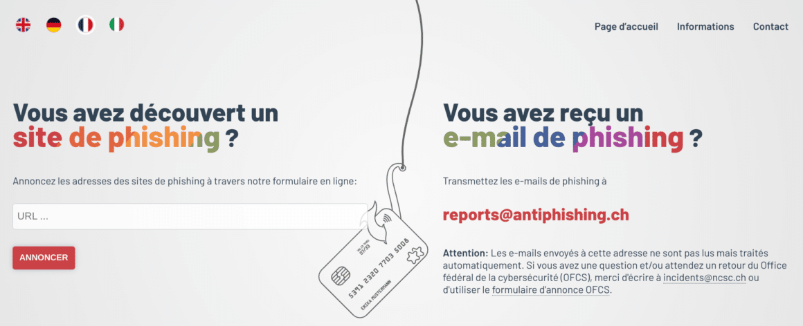 La page d'acctueil du site antiphishing.ch