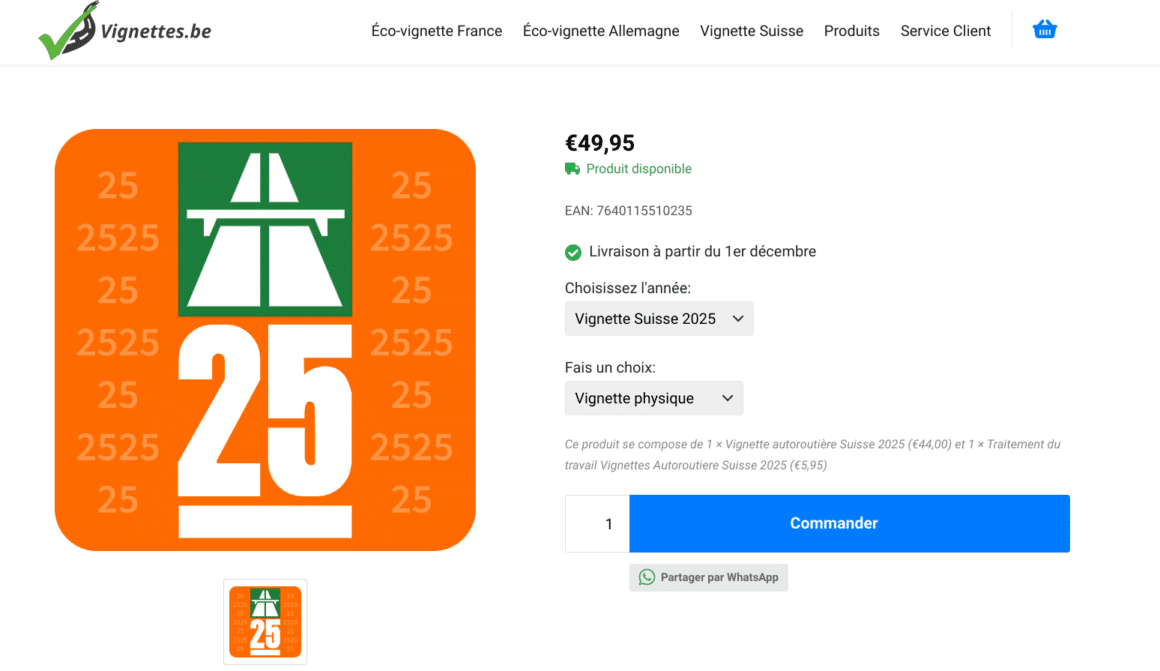 Un site qui tente de vendre une vignette autoroutière suisse 2025 pour 49 Euros