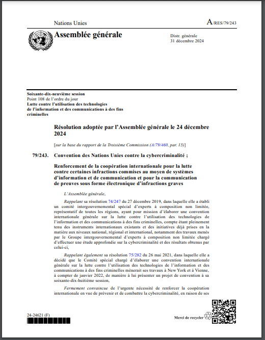 Première page de la Convention des Nations Unies sur la cybercriminalité du 24 décembre 2024