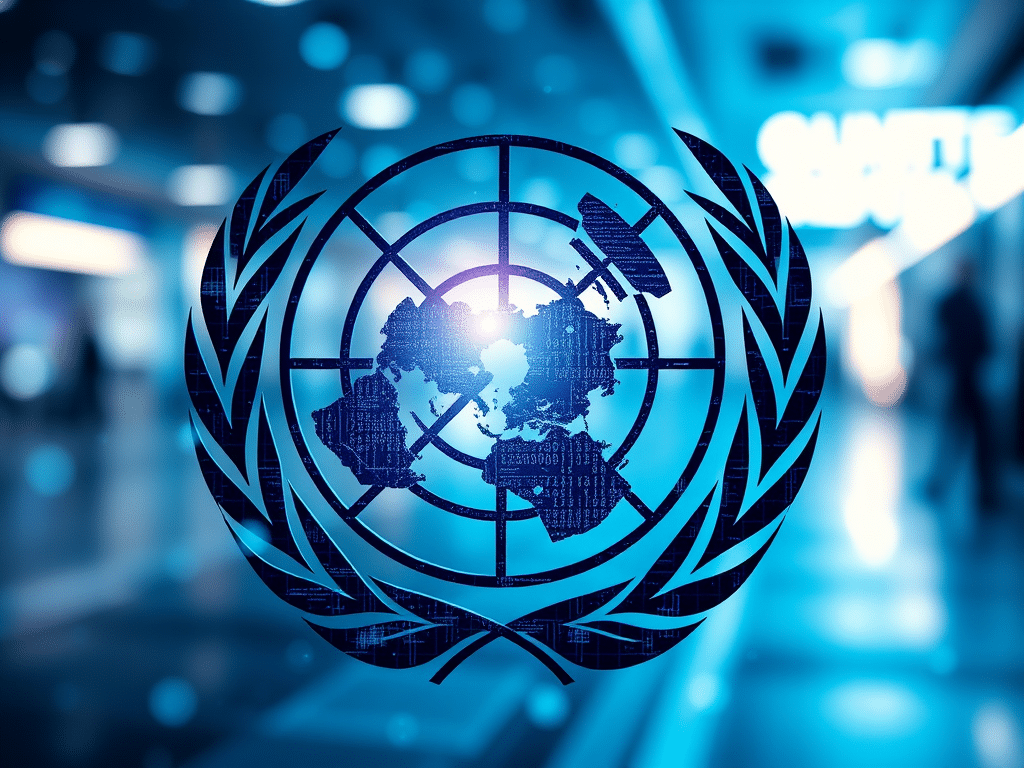 Le logo de l'ONU avec un arrière plan bleu digital