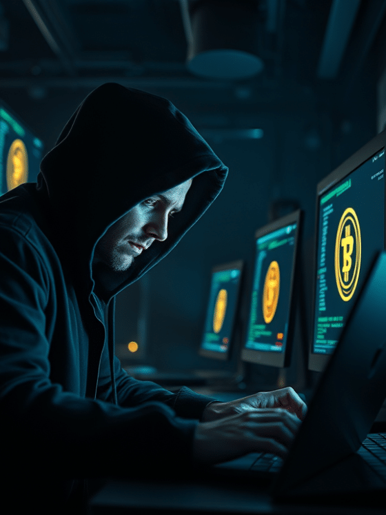 un hacker malveillant qui développe un malware pour compromettre des cryptomonnaies et voler des données