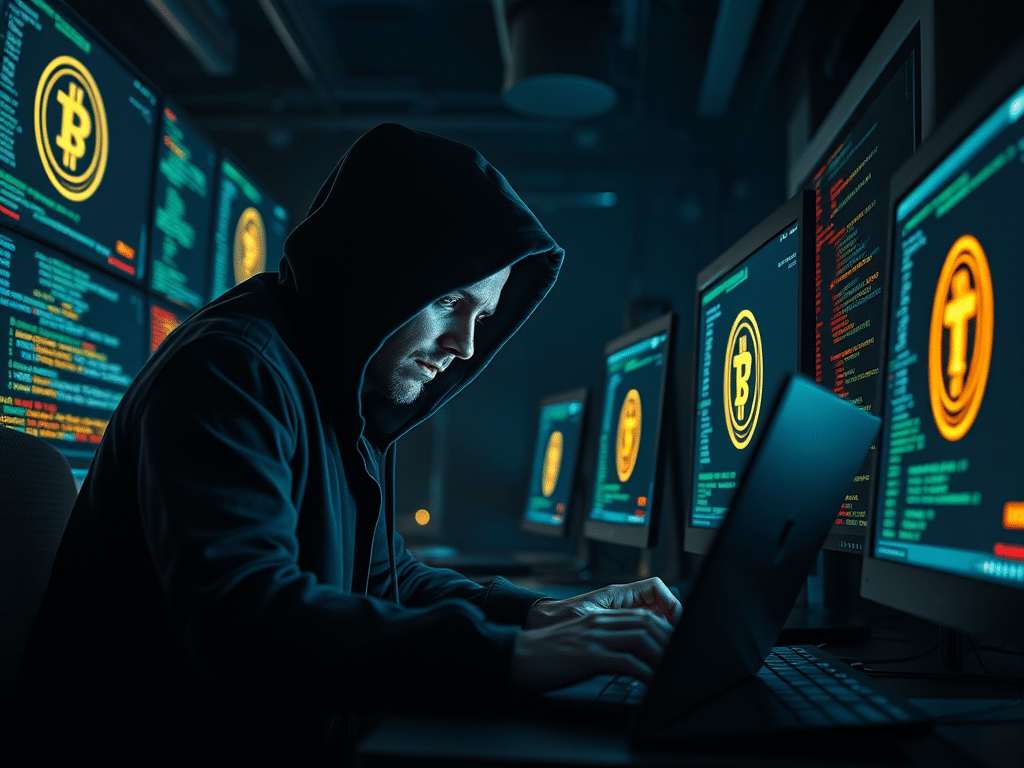 un hacker malveillant qui développe un malware pour compromettre des cryptomonnaies et voler des données