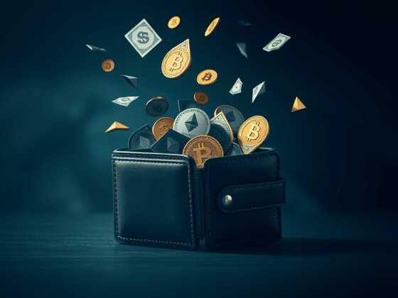 Un portefeuille avec des cryptomonnaies qui s'envolent