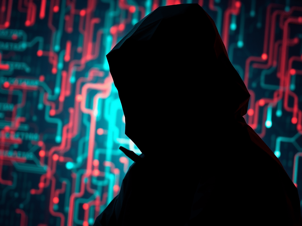 une ombre de hacker malveillant devant un arrière plan de monde numérique