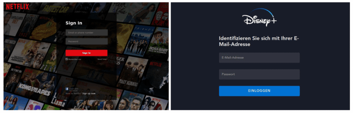 Exemples de pages de phishing imitant les pages de connexion Netflix et Disney+ (source Kaspersky)