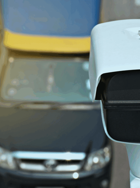 Photographie réaliste et moderne d'une voiture circulant sur une autoroute, vue sous un angle de surveillance vidéo
