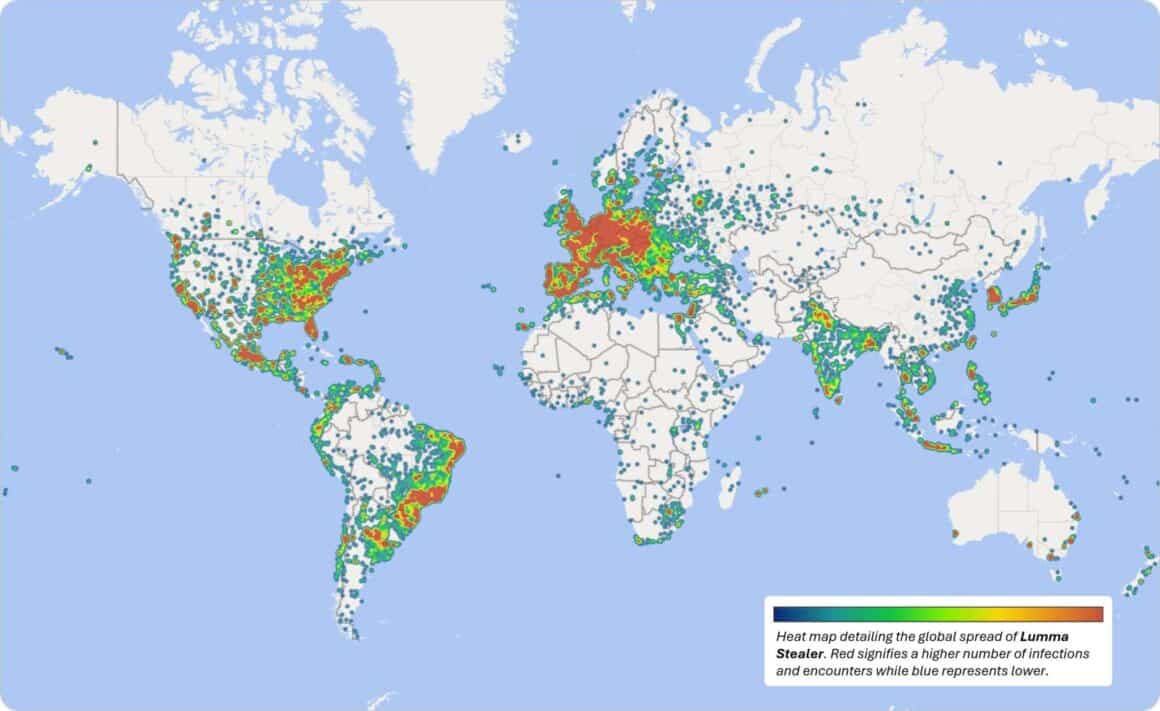 Carte thermique détaillant la propagation mondiale des infections et des rencontres du malware Lumma Stealer sur les appareils Windows (source Microsoft)
