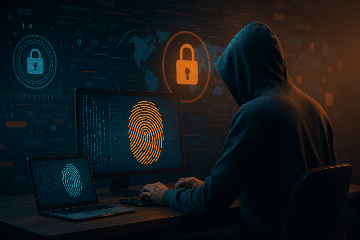 Illustration numérique en 3D d’un individu encapuchonné travaillant sur un ordinateur, affichant une empreinte digitale lumineuse et des symboles de sécurité, représentant les techniques d’anonymisation utilisées par les cybercriminels.