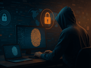 Illustration numérique en 3D d’un individu encapuchonné travaillant sur un ordinateur, affichant une empreinte digitale lumineuse et des symboles de sécurité, représentant les techniques d’anonymisation utilisées par les cybercriminels.