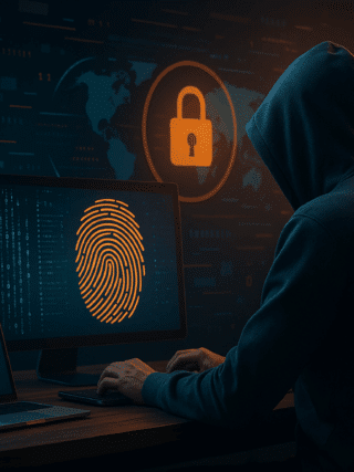 Illustration numérique en 3D d’un individu encapuchonné travaillant sur un ordinateur, affichant une empreinte digitale lumineuse et des symboles de sécurité, représentant les techniques d’anonymisation utilisées par les cybercriminels.
