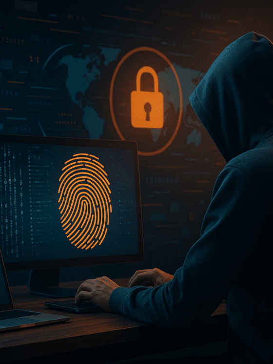 Illustration numérique en 3D d’un individu encapuchonné travaillant sur un ordinateur, affichant une empreinte digitale lumineuse et des symboles de sécurité, représentant les techniques d’anonymisation utilisées par les cybercriminels.