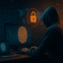 Illustration numérique en 3D d’un individu encapuchonné travaillant sur un ordinateur, affichant une empreinte digitale lumineuse et des symboles de sécurité, représentant les techniques d’anonymisation utilisées par les cybercriminels.