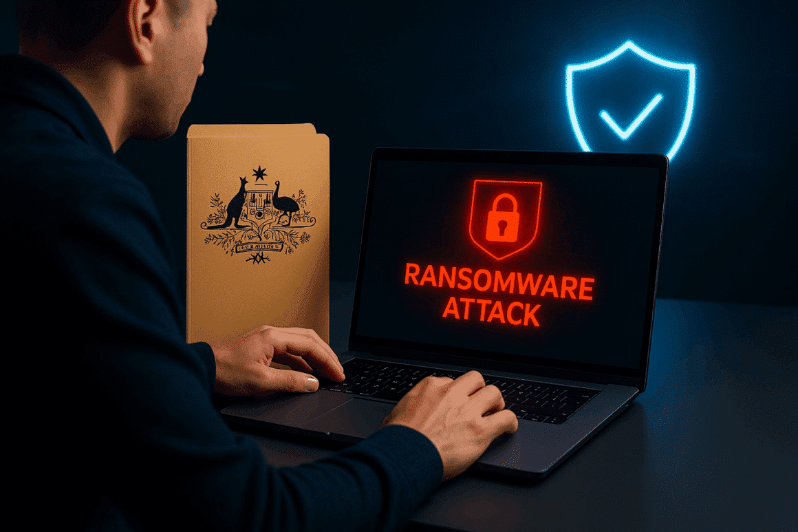 Illustration d’une attaque par rançongiciel en entreprise avec écran d’ordinateur affichant une alerte, dossier officiel australien et symbole de cybersécurité.