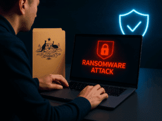 Illustration d’une attaque par rançongiciel en entreprise avec écran d’ordinateur affichant une alerte, dossier officiel australien et symbole de cybersécurité.