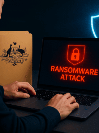 Illustration d’une attaque par rançongiciel en entreprise avec écran d’ordinateur affichant une alerte, dossier officiel australien et symbole de cybersécurité.