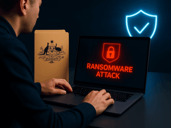 Illustration d’une attaque par rançongiciel en entreprise avec écran d’ordinateur affichant une alerte, dossier officiel australien et symbole de cybersécurité.