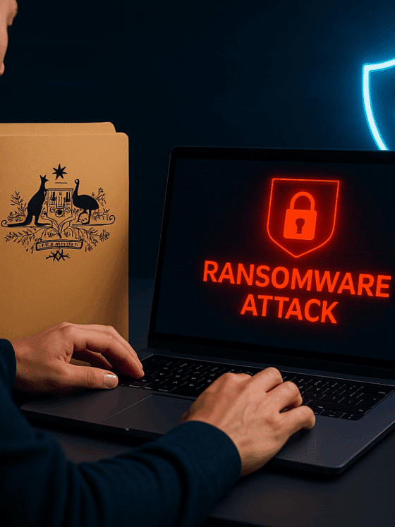 Illustration d’une attaque par rançongiciel en entreprise avec écran d’ordinateur affichant une alerte, dossier officiel australien et symbole de cybersécurité.