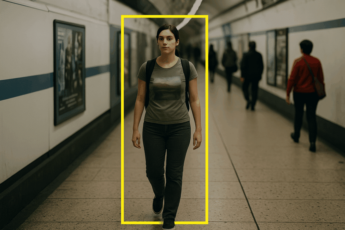 Une jeune femme marche dans un couloir de métro sous vidéosurveillance, encadrée par un rectangle jaune simulant le suivi algorithmique utilisé dans les systèmes de détection comportementale sans reconnaissance faciale.
