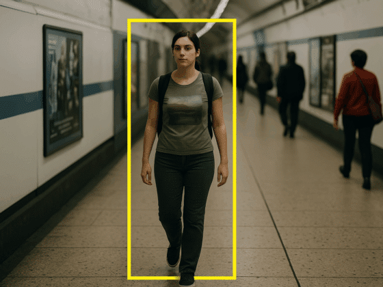 Une jeune femme marche dans un couloir de métro sous vidéosurveillance, encadrée par un rectangle jaune simulant le suivi algorithmique utilisé dans les systèmes de détection comportementale sans reconnaissance faciale.