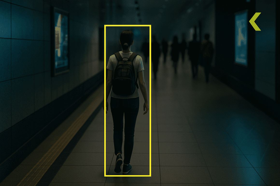 Une femme marche seule dans un couloir de métro sous surveillance, encadrée par un rectangle jaune simulant un système d’analyse vidéo par intelligence artificielle, utilisé pour l’identification sans données biométriques.