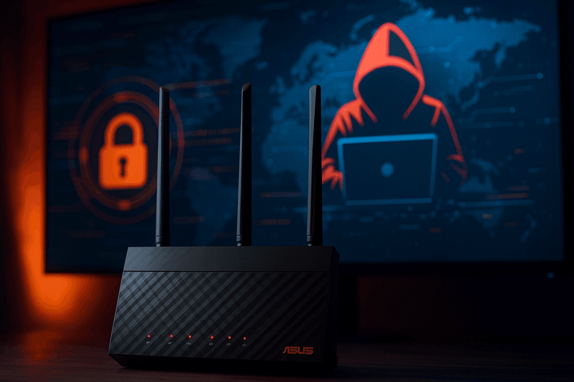 Image d’un routeur Asus noir avec trois antennes, posé sur une table en premier plan, sur fond d’écran affichant une silhouette de hacker encapuchonnée et un symbole de cadenas, illustrant une cyberattaque liée à un botnet.