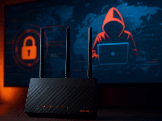 Image d’un routeur Asus noir avec trois antennes, posé sur une table en premier plan, sur fond d’écran affichant une silhouette de hacker encapuchonnée et un symbole de cadenas, illustrant une cyberattaque liée à un botnet.