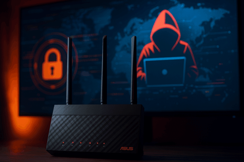 Image d’un routeur Asus noir avec trois antennes, posé sur une table en premier plan, sur fond d’écran affichant une silhouette de hacker encapuchonnée et un symbole de cadenas, illustrant une cyberattaque liée à un botnet.