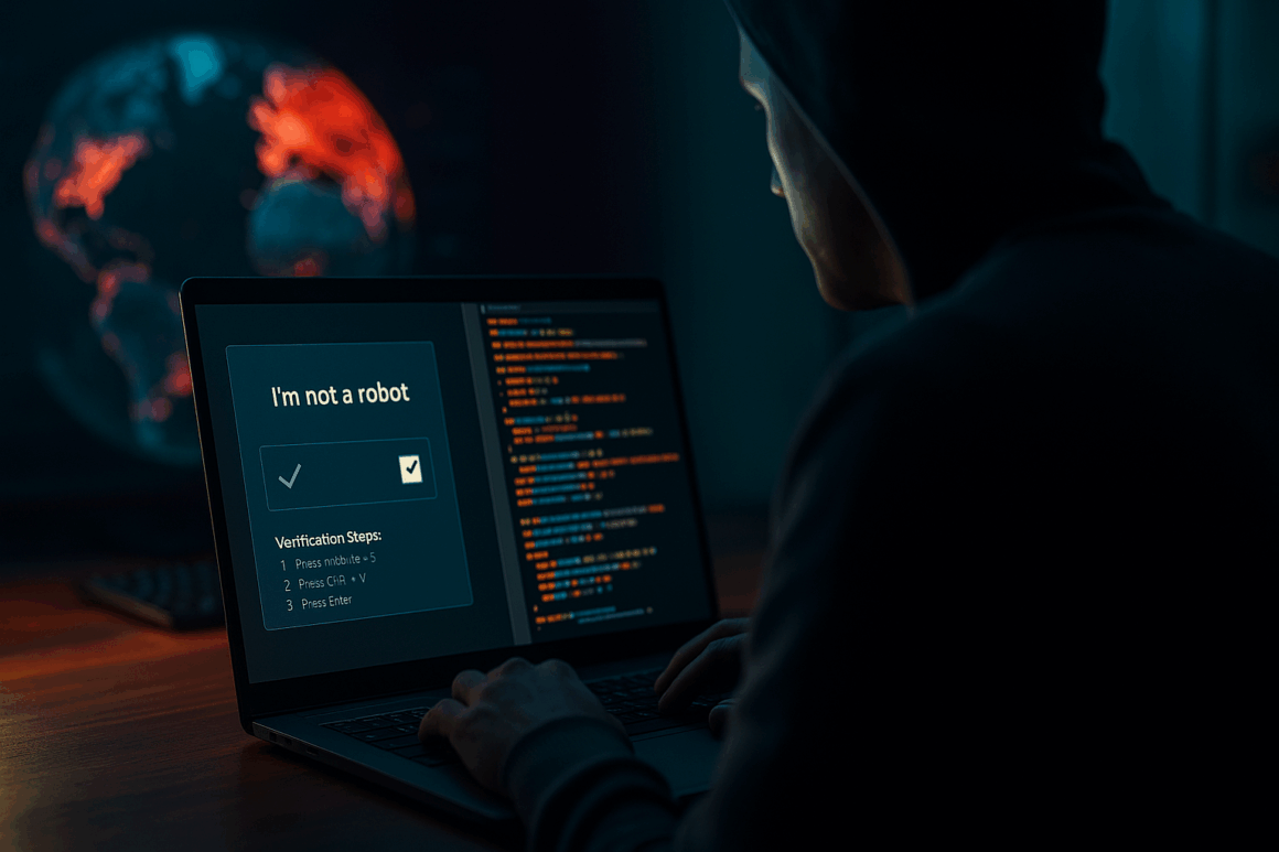 Ordinateur affichant une fausse vérification CAPTCHA à côté de lignes de code, avec en arrière-plan une carte mondiale des cyberattaques, illustrant une campagne de phishing et de diffusion de malware.