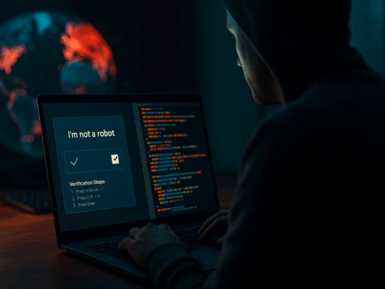 Ordinateur affichant une fausse vérification CAPTCHA à côté de lignes de code, avec en arrière-plan une carte mondiale des cyberattaques, illustrant une campagne de phishing et de diffusion de malware.