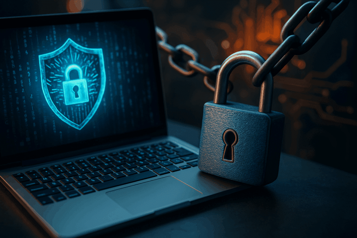 Ordinateur portable avec cadenas et chaîne symbolisant la sécurité des données et la protection par certificat TLS/SSL.