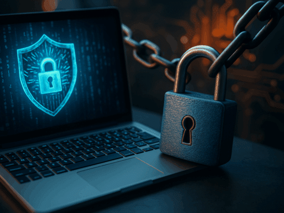 Ordinateur portable avec cadenas et chaîne symbolisant la sécurité des données et la protection par certificat TLS/SSL.