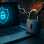 Ordinateur portable avec cadenas et chaîne symbolisant la sécurité des données et la protection par certificat TLS/SSL.