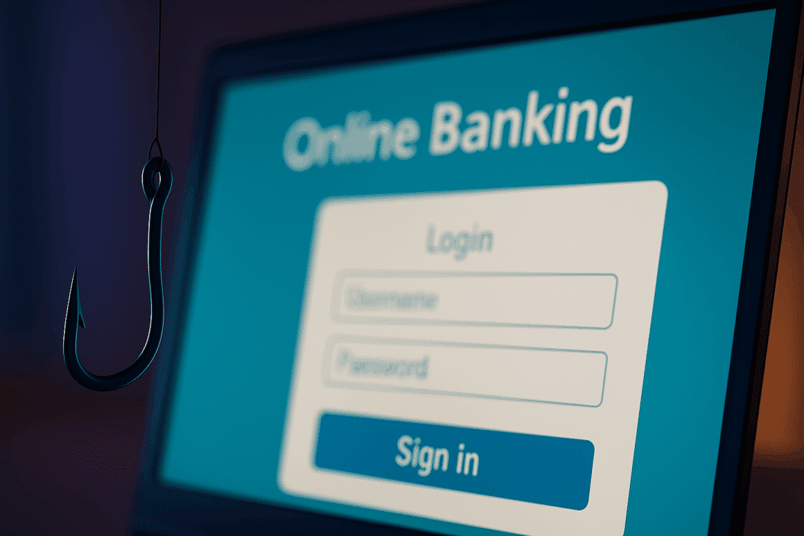 Un hameçon suspendu devant un écran d’ordinateur affichant une page de connexion à une banque en ligne. L’image illustre une tentative de phishing en ligne dans un contexte sobre et moderne, avec un contraste visuel fort pour attirer l’attention sur le risque.