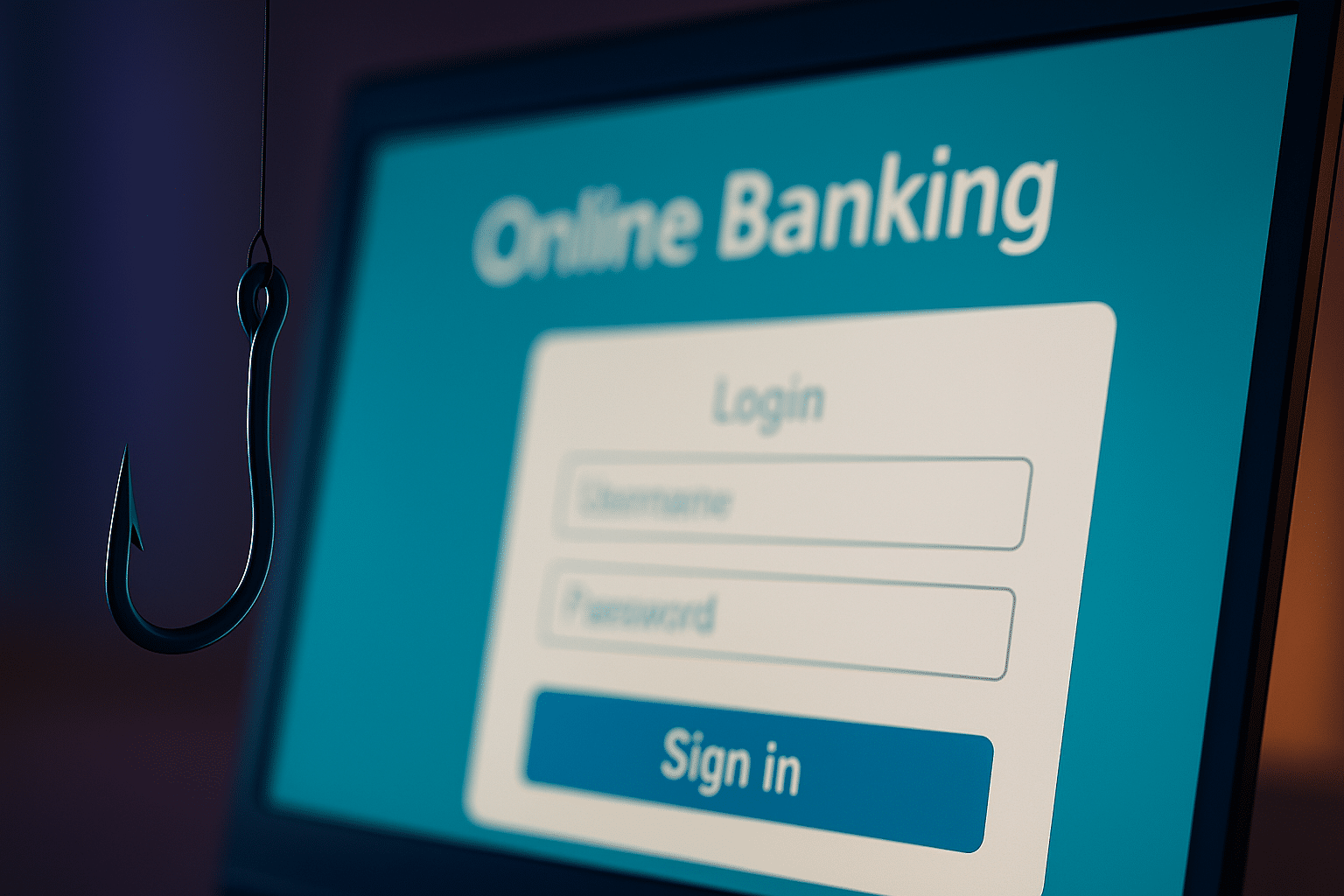 Un hameçon suspendu devant un écran d’ordinateur affichant une page de connexion à une banque en ligne. L’image illustre une tentative de phishing en ligne dans un contexte sobre et moderne, avec un contraste visuel fort pour attirer l’attention sur le risque.