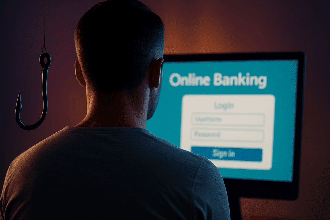 Un homme vu de dos regarde un écran d’ordinateur affichant une page de connexion à une banque en ligne, tandis qu’un hameçon suspendu symbolise une tentative de phishing. L’image évoque le danger des arnaques ciblées dans un contexte numérique réaliste.