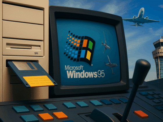Ordinateur vintage avec disquette et écran Windows 95 en premier plan, tour de contrôle aérien moderne et avion en vol en arrière-plan, illustrant le contraste entre technologies anciennes et enjeux actuels de cybersécurité dans l’aviation.