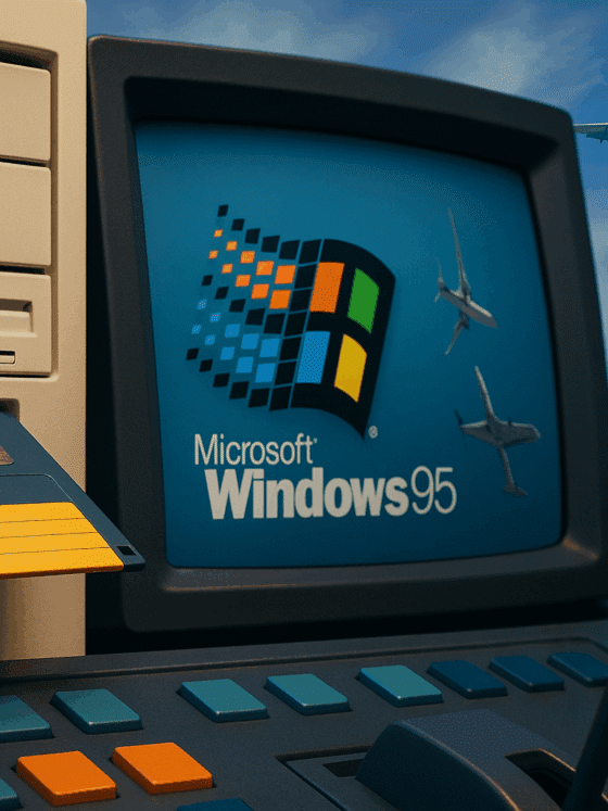 Ordinateur vintage avec disquette et écran Windows 95 en premier plan, tour de contrôle aérien moderne et avion en vol en arrière-plan, illustrant le contraste entre technologies anciennes et enjeux actuels de cybersécurité dans l’aviation.