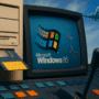 Ordinateur vintage avec disquette et écran Windows 95 en premier plan, tour de contrôle aérien moderne et avion en vol en arrière-plan, illustrant le contraste entre technologies anciennes et enjeux actuels de cybersécurité dans l’aviation.