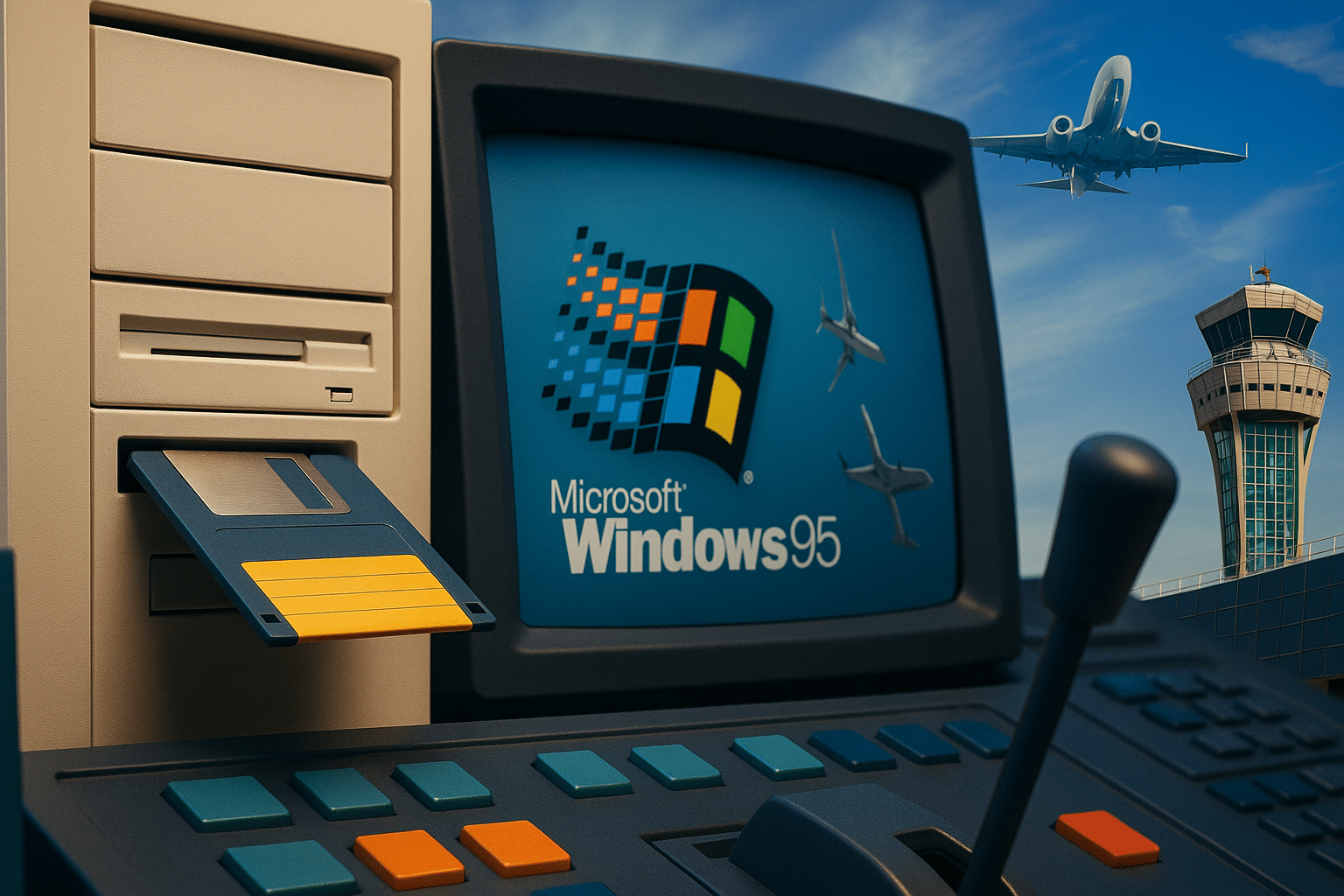Ordinateur vintage avec disquette et écran Windows 95 en premier plan, tour de contrôle aérien moderne et avion en vol en arrière-plan, illustrant le contraste entre technologies anciennes et enjeux actuels de cybersécurité dans l’aviation.