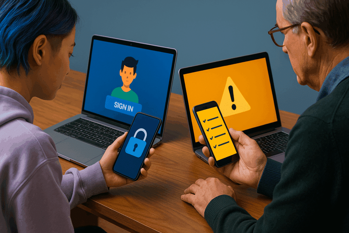 Photographie réaliste d’une jeune femme et d’un homme plus âgé utilisant chacun un smartphone et un ordinateur portable, illustrant les différences générationnelles en matière de cybersécurité. L’écran de la jeune femme affiche un cadenas, celui de l’homme une liste de contrôle, soulignant les pratiques contrastées entre génération Z et baby-boomers.