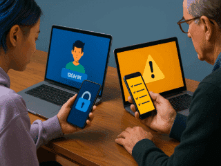 Photographie réaliste d’une jeune femme et d’un homme plus âgé utilisant chacun un smartphone et un ordinateur portable, illustrant les différences générationnelles en matière de cybersécurité. L’écran de la jeune femme affiche un cadenas, celui de l’homme une liste de contrôle, soulignant les pratiques contrastées entre génération Z et baby-boomers.