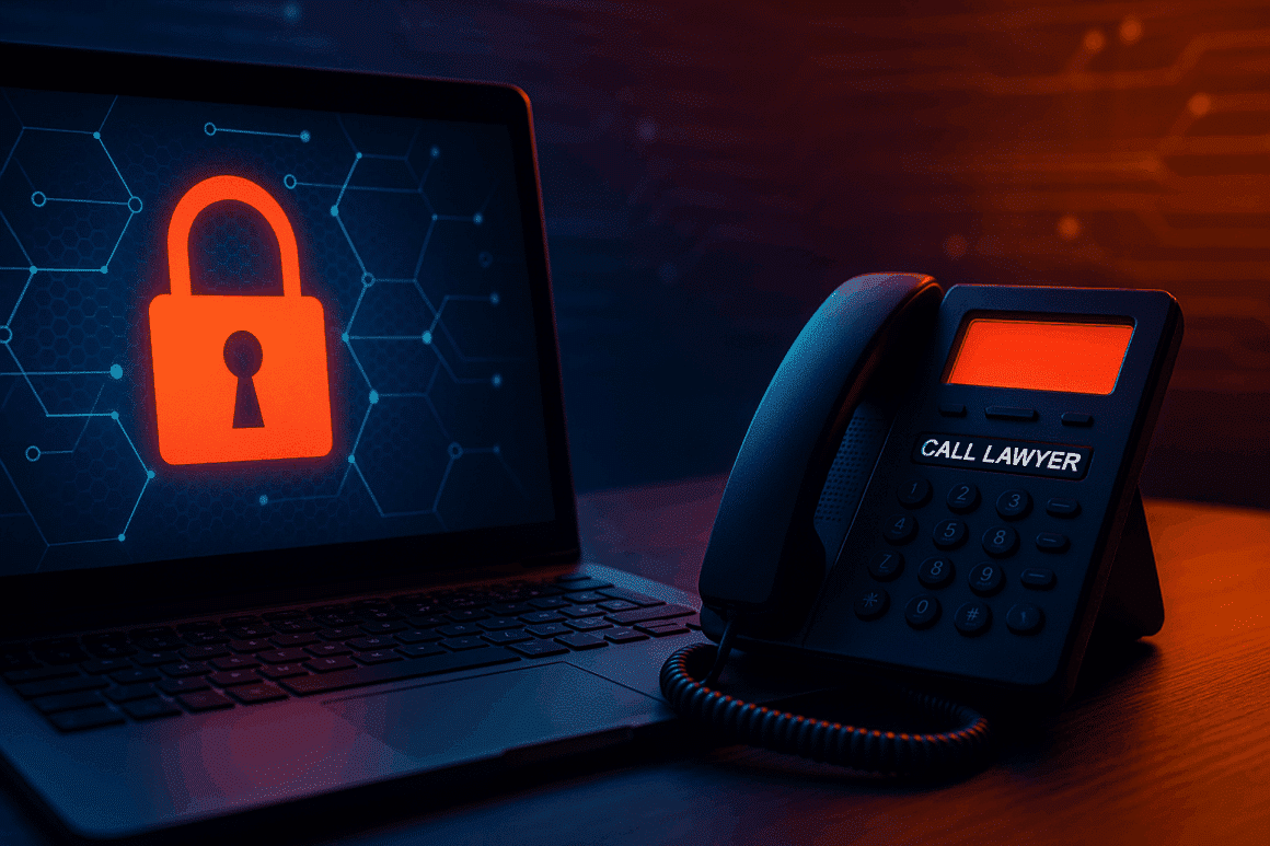 Ordinateur affichant une icône de cadenas rouge à côté d’un téléphone indiquant “CALL LAWYER”, illustrant la stratégie de Qilin pour intimider les victimes de ransomware par un soutien juridique.