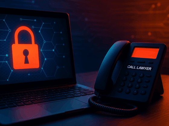 Ordinateur affichant une icône de cadenas rouge à côté d’un téléphone indiquant “CALL LAWYER”, illustrant la stratégie de Qilin pour intimider les victimes de ransomware par un soutien juridique.