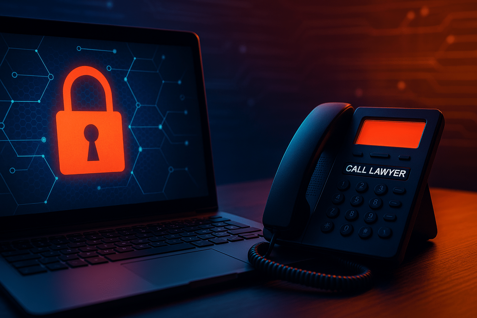 Ordinateur affichant une icône de cadenas rouge à côté d’un téléphone indiquant “CALL LAWYER”, illustrant la stratégie de Qilin pour intimider les victimes de ransomware par un soutien juridique.