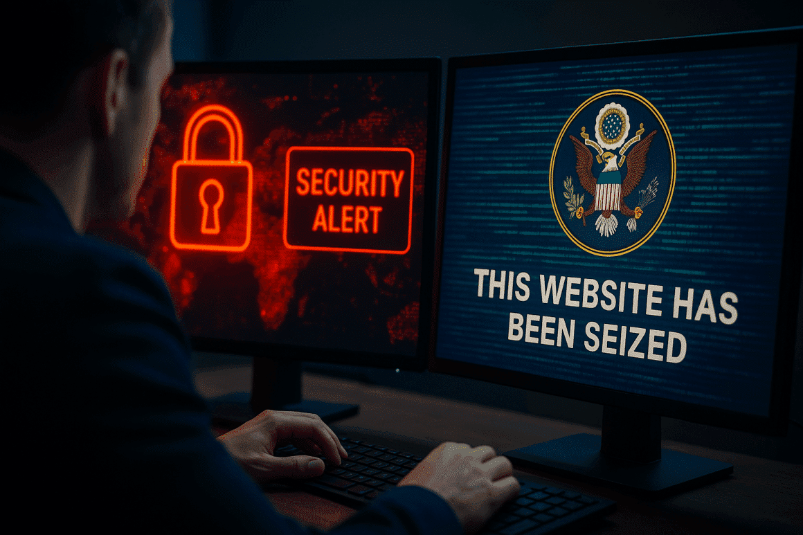 Professionnel de la cybersécurité analysant des alertes sur un double écran avec un message de saisie judiciaire affiché par le FBI, illustrant le démantèlement de services malveillants comme AVCheck.