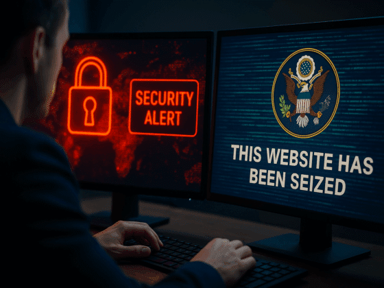 Professionnel de la cybersécurité analysant des alertes sur un double écran avec un message de saisie judiciaire affiché par le FBI, illustrant le démantèlement de services malveillants comme AVCheck.