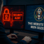 Professionnel de la cybersécurité analysant des alertes sur un double écran avec un message de saisie judiciaire affiché par le FBI, illustrant le démantèlement de services malveillants comme AVCheck.