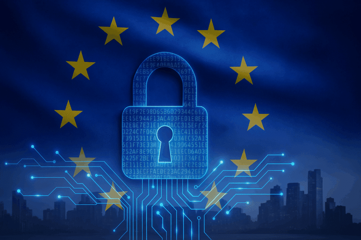 Image numérique représentant un cadenas stylisé composé de code binaire, placé devant le drapeau européen. Des circuits électroniques s’étendent vers une ville floue à l’arrière-plan, symbolisant la protection des infrastructures critiques et la coordination des cybercrises de l’UE.