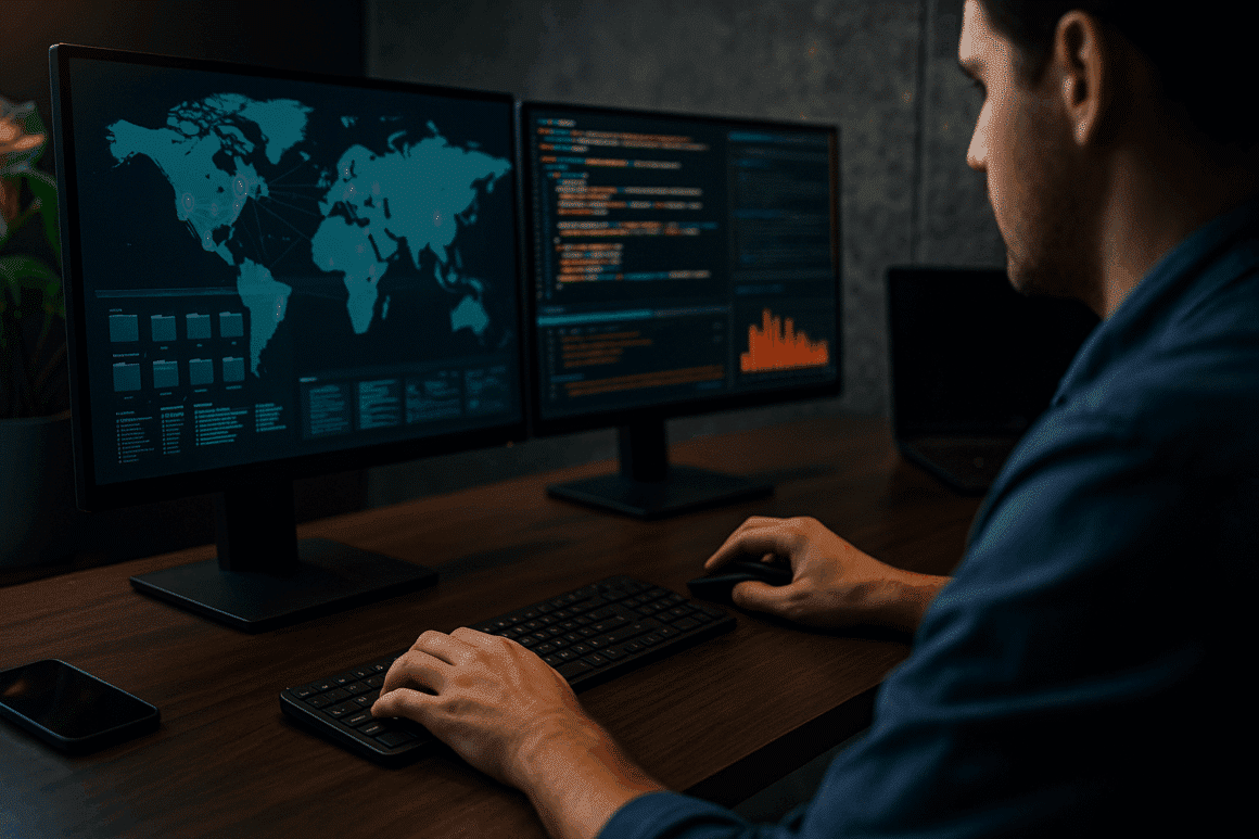 Photo réaliste d’un analyste cybersécurité travaillant sur deux écrans affichant des données réseau et des graphiques, illustrant l’usage d’outils OSINT dans un environnement professionnel moderne.